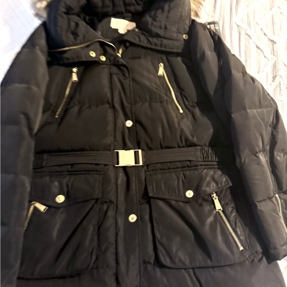 Michael Kors Women's Faux Fur Trim Quilted Belted Puffer Jacket